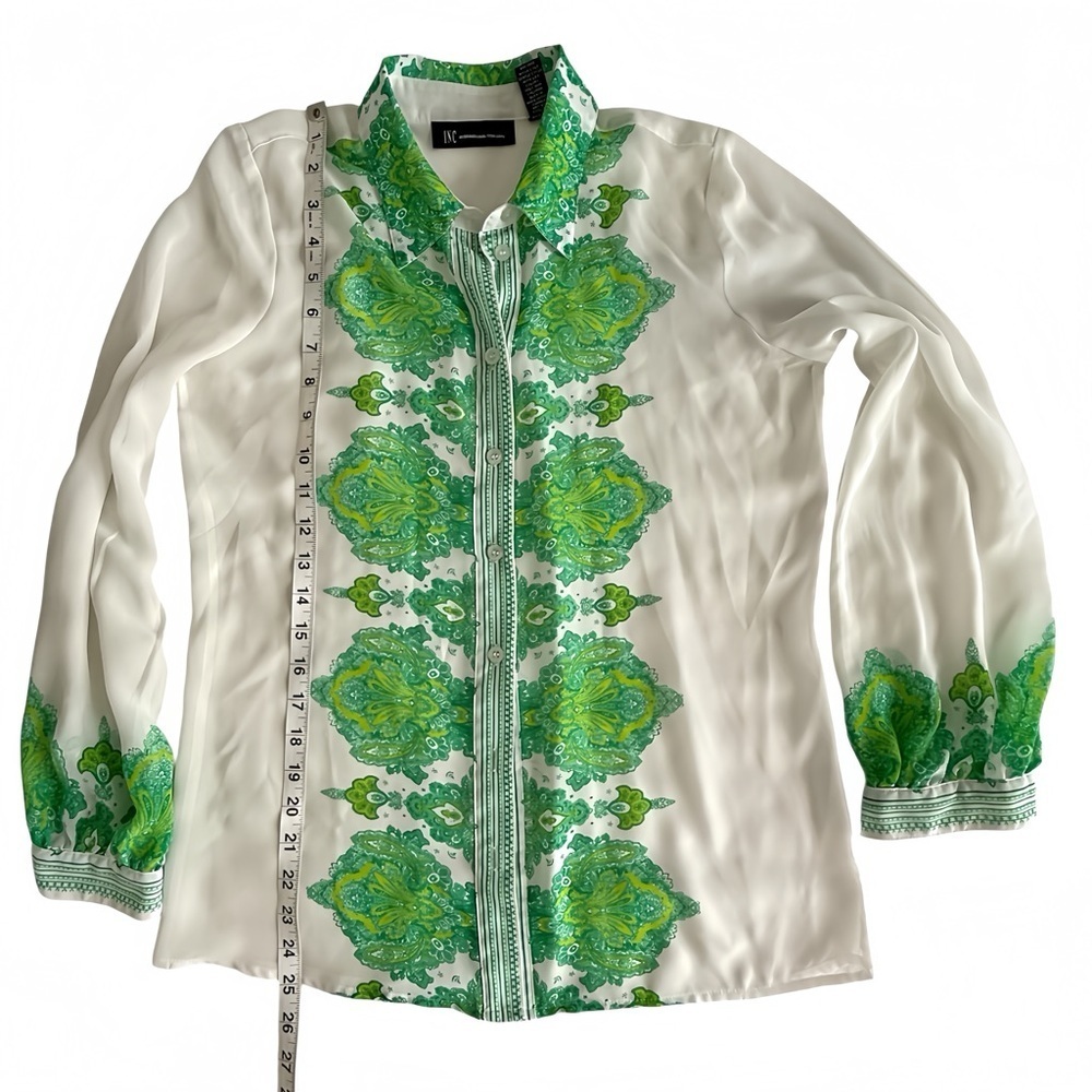 INC White Green Floral Scarf Print Blouse Women’s 4 Semi Sheer Button - Picture 8 of 8